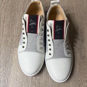 Christian Louboutin White and Gray Studded Sneakers